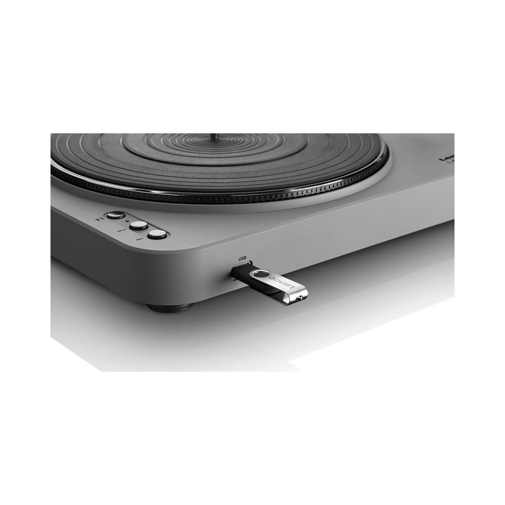 Grauer Plattenspieler mit USB-Stick.