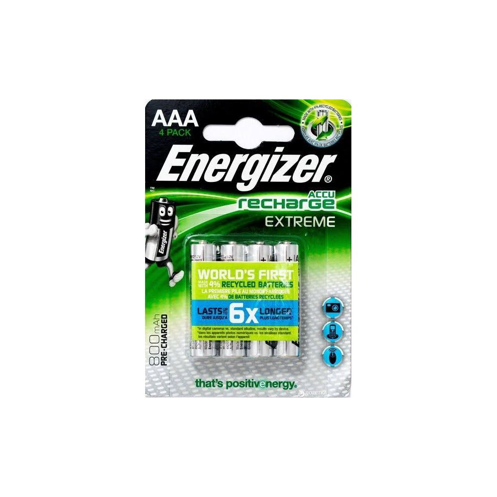 Baterie Energizer AAA 4 szt. wielokrotnego ładowania, 800mAh, 4% z recyklingu.