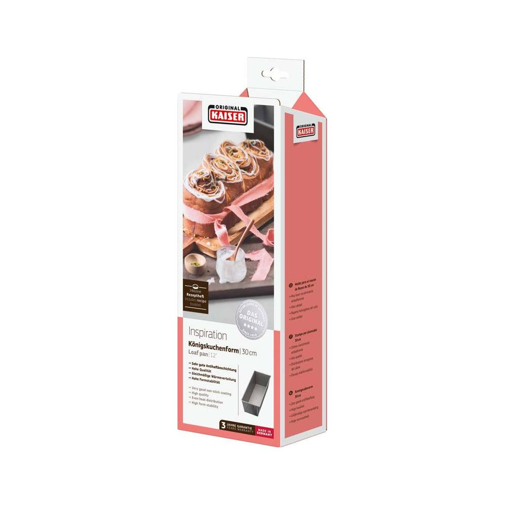 Kaiser Königskuchenform 30cm Verpackung mit Bild von Zimtschnecken.