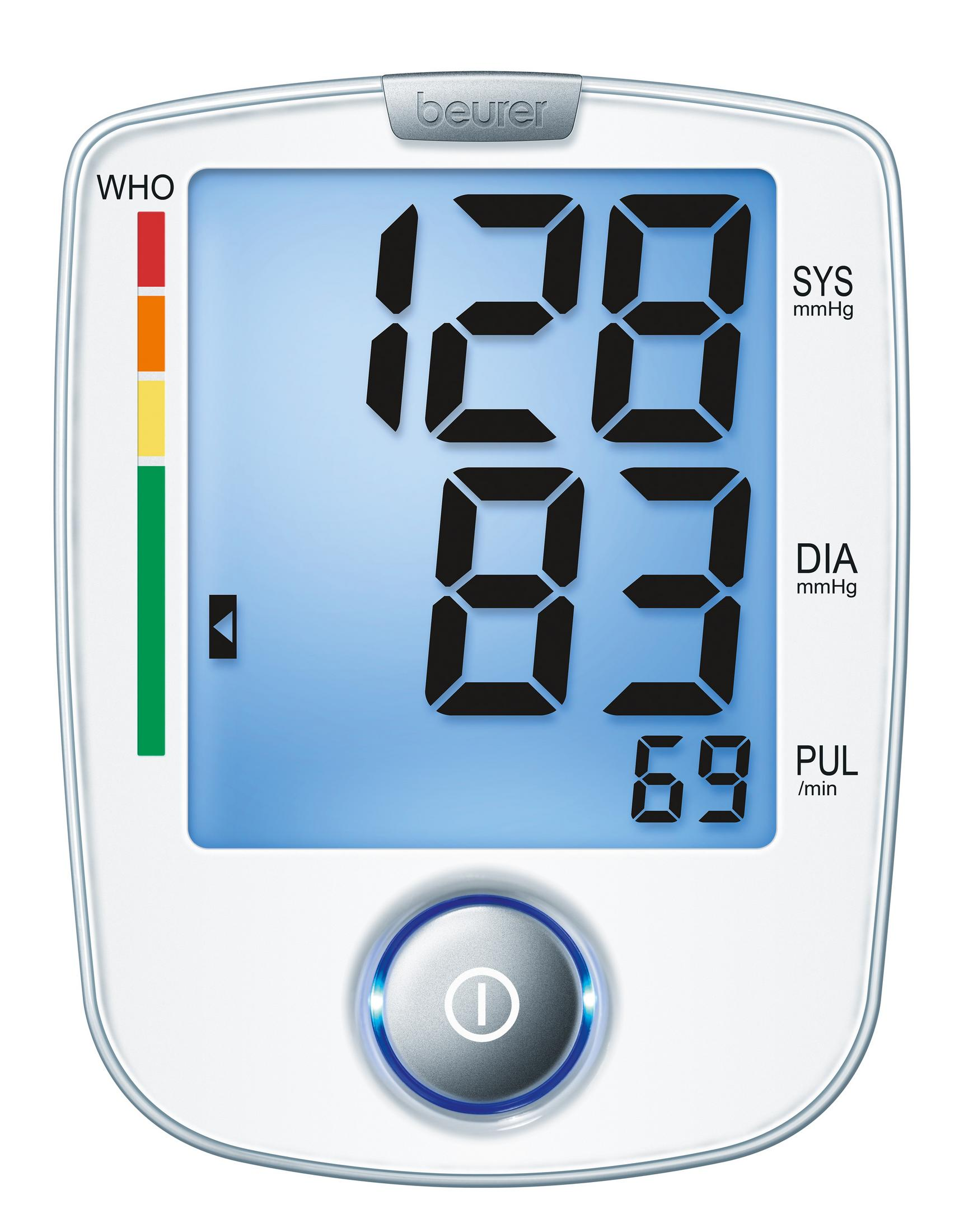 Ein Beurer Blutdruckmessgerät zeigt 128/83 mmHg und 69 Schläge/min an.
