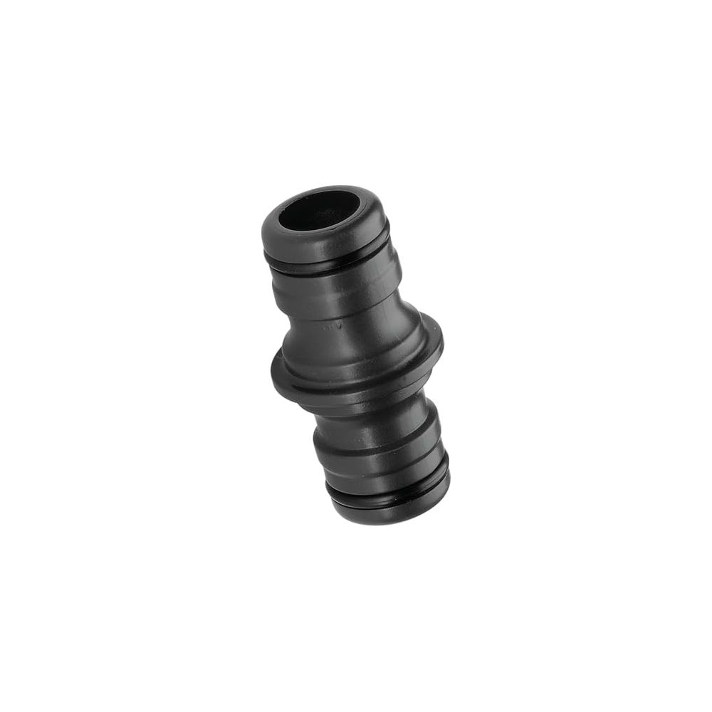 Un conector de manguera de plástico negro con ranuras y un extremo hueco.