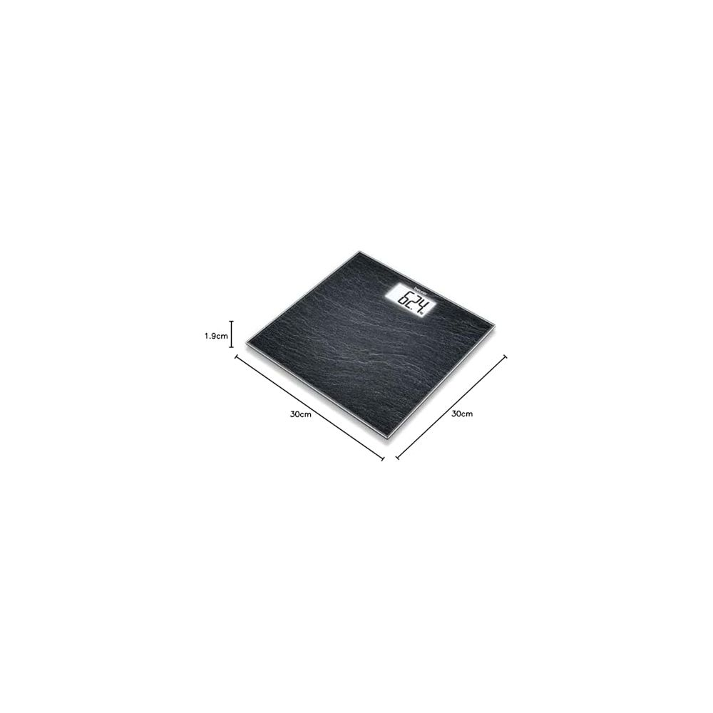 Eine schwarze digitale Waage mit den Maßen 30x30cm und einer Dicke von 1,9cm.