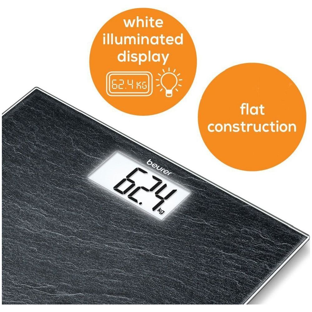 Schwarze Personenwaage mit beleuchtetem Display, das 62,4 kg anzeigt.