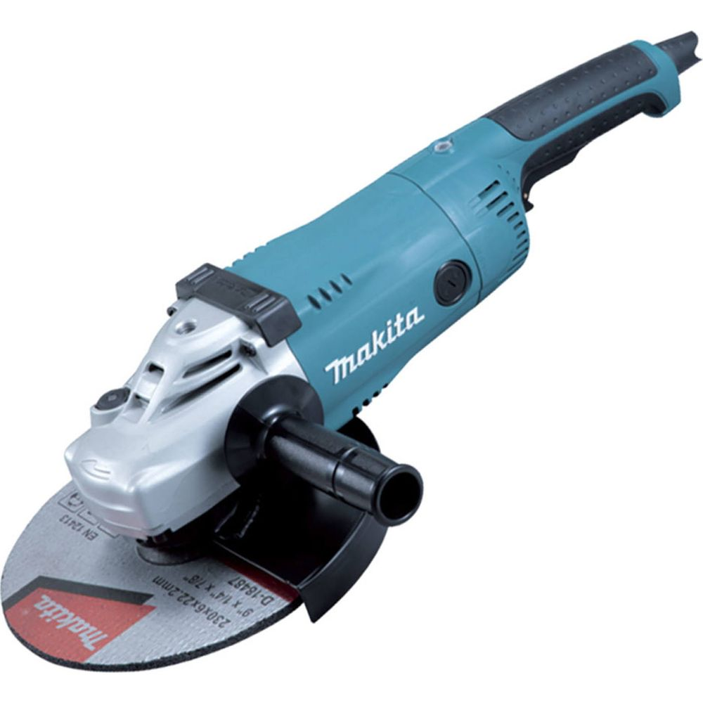 Una smerigliatrice angolare Makita blu e argento con disco da taglio.