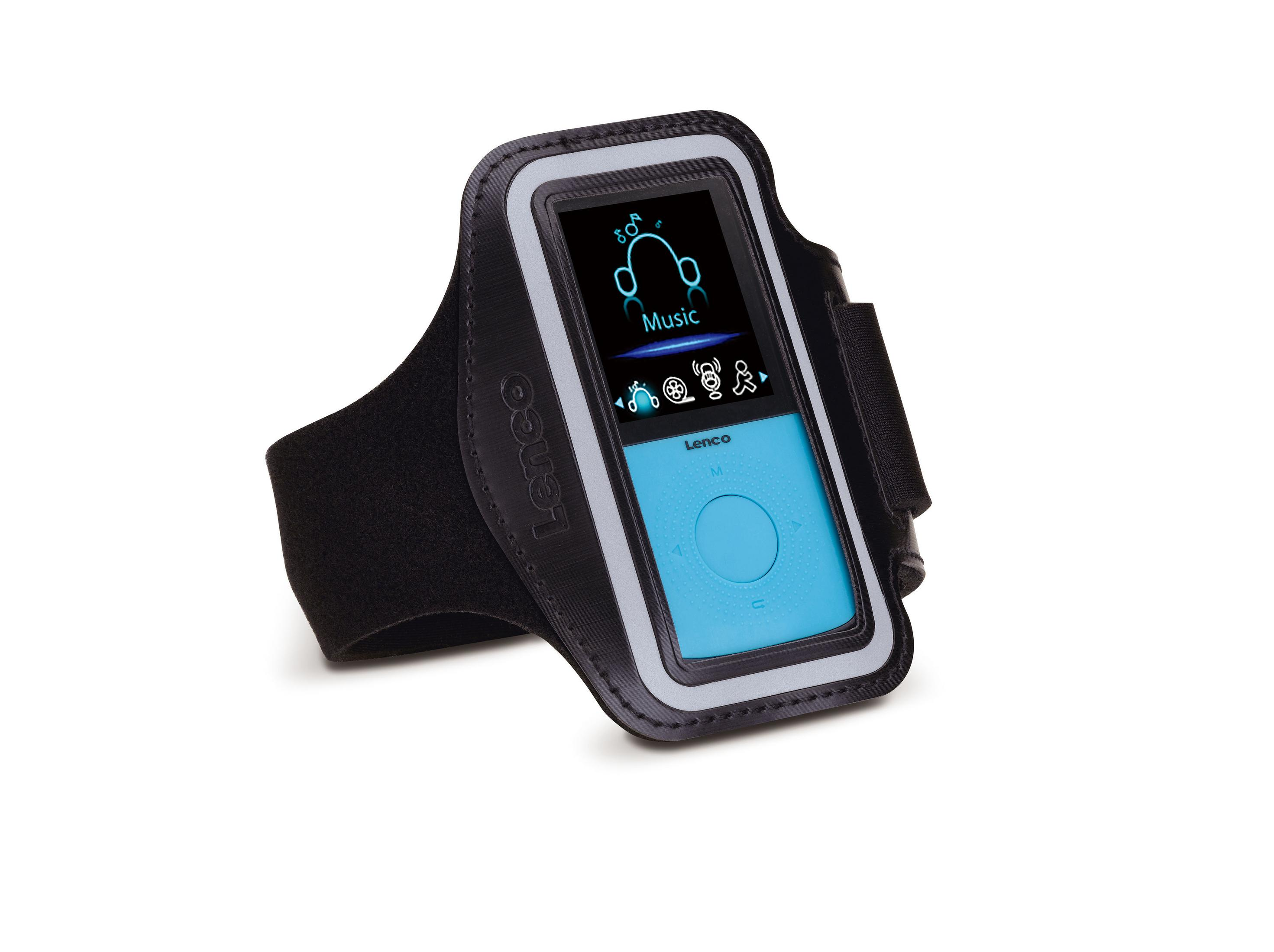 Ein blauer MP3-Player in einer schwarzen Armbinde mit Lenco-Logo.