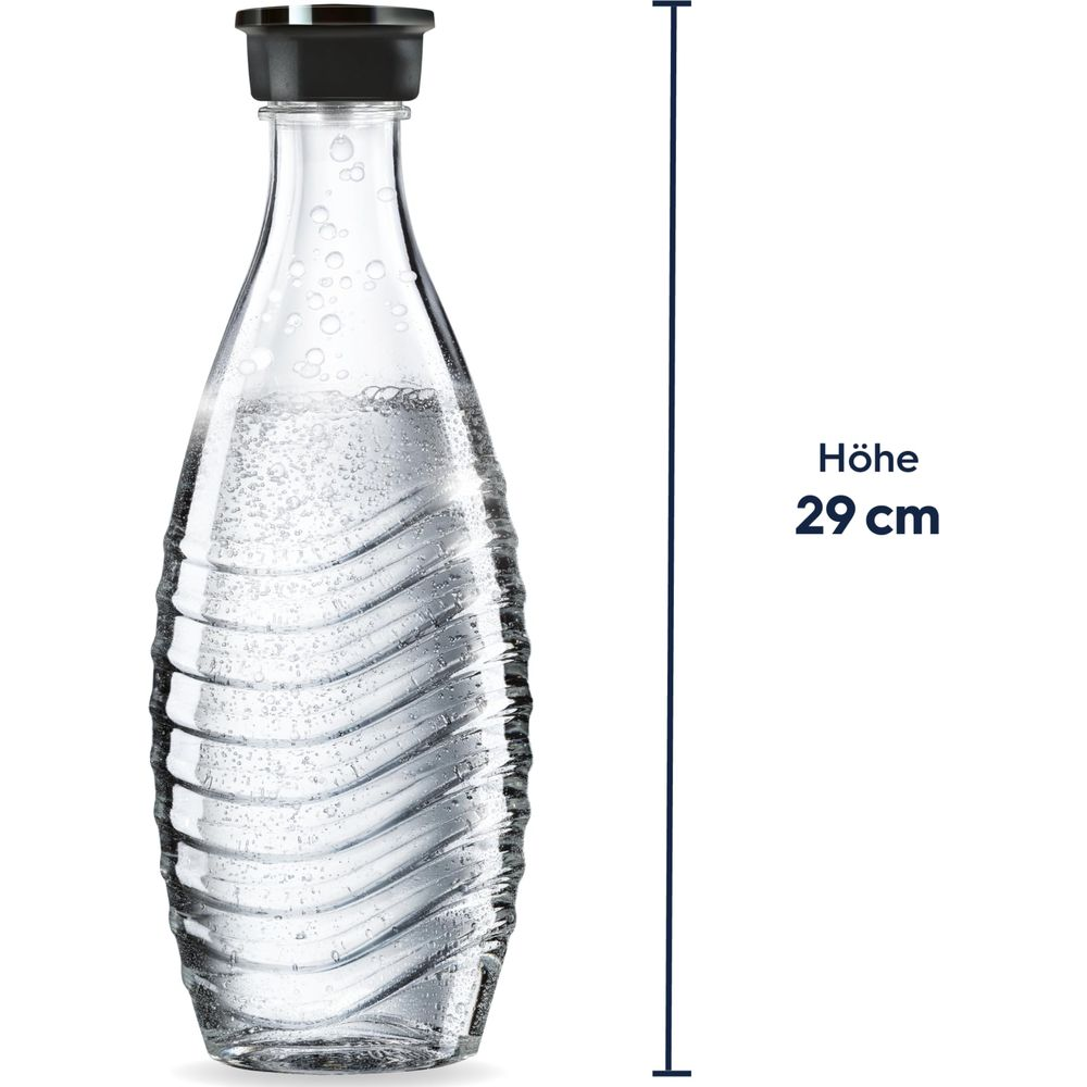 Szklana butelka z wodą gazowaną, czarna zakrętka, wysokość 29 cm.