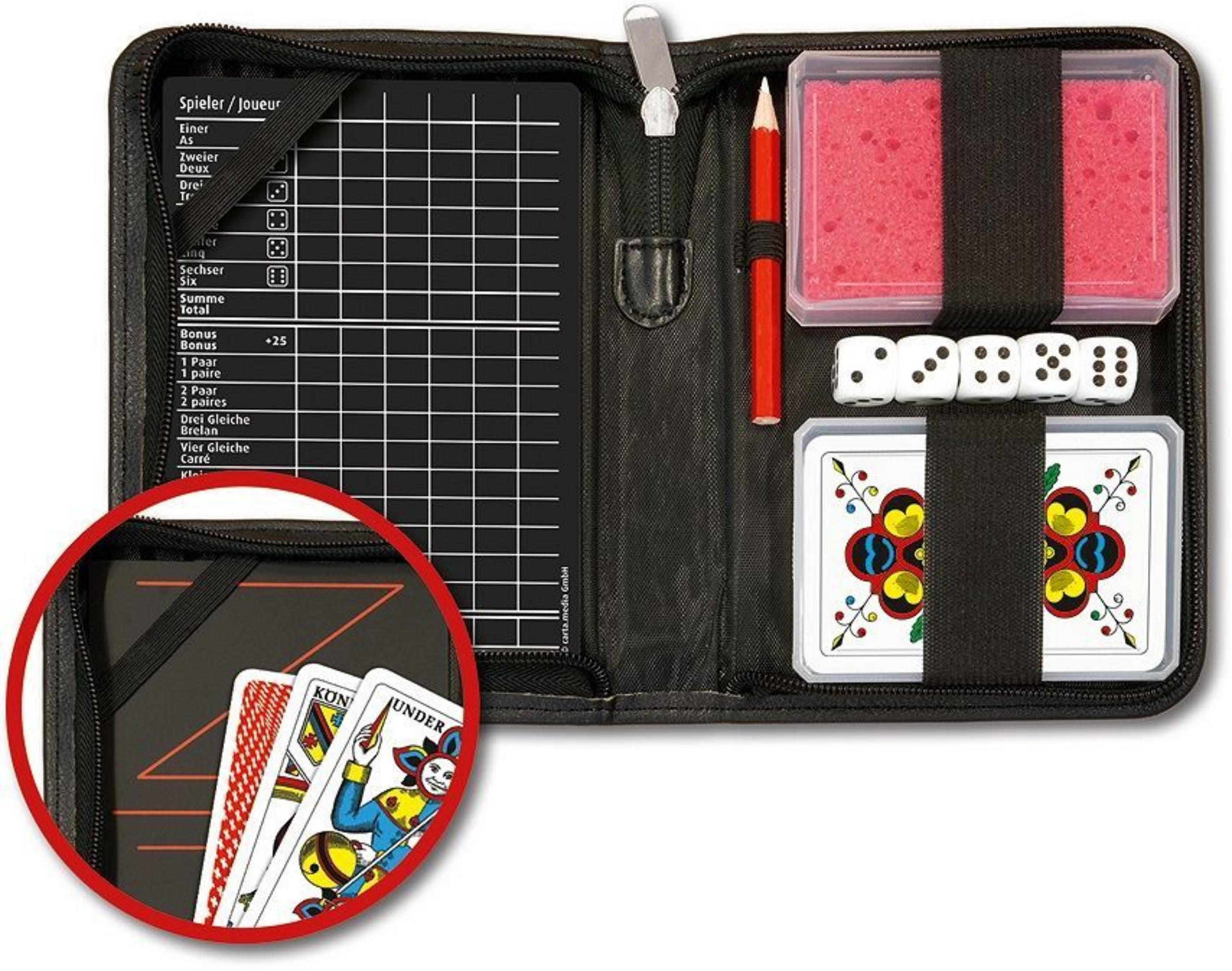 Custodia con cerniera con carte da gioco, dadi, matita e spugna rossa.