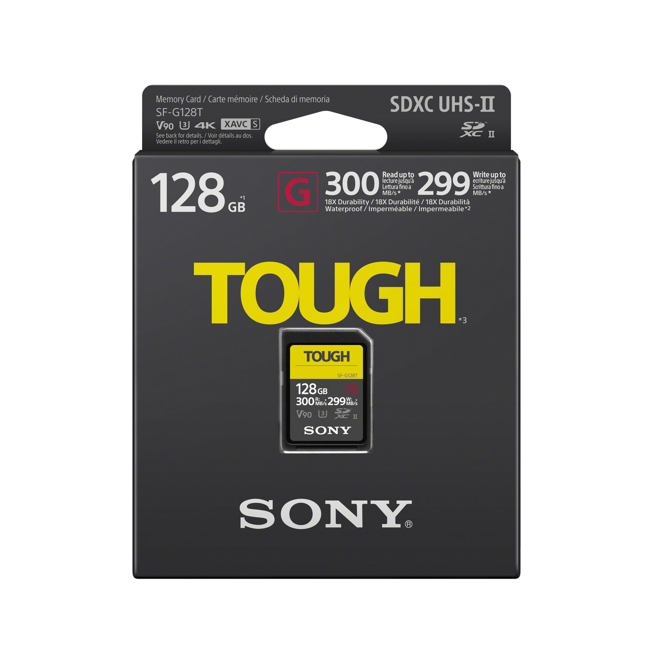 Verpackung einer Sony TOUGH SDXC UHS-II Speicherkarte, 128GB, gelb und schwarz.