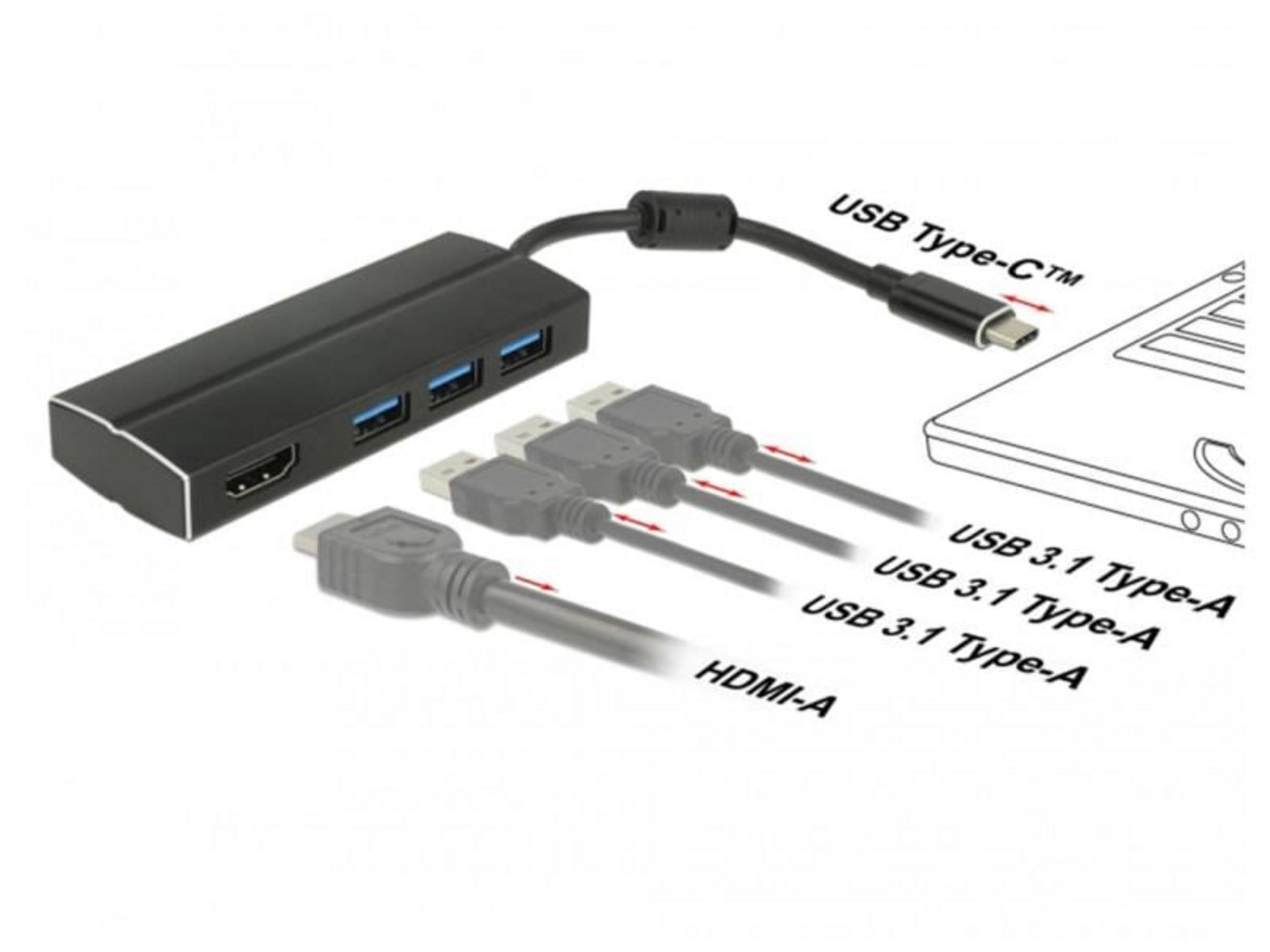 Hub USB-C nero con porte HDMI e tre USB-A.