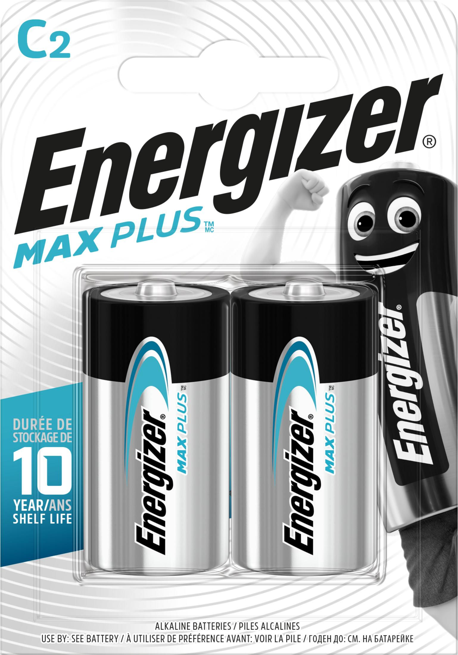 Dwie baterie Energizer C2 MAX PLUS w opakowaniu z kreskówkową twarzą.