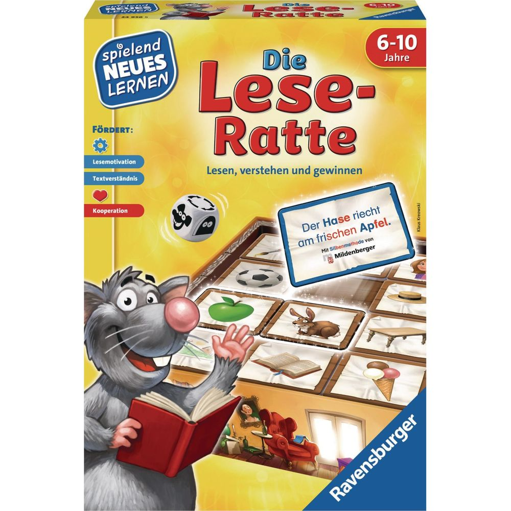 Brettspiel "Die Lese-Ratte" mit Maus, Würfel und Spielkarten. Ravensburger.