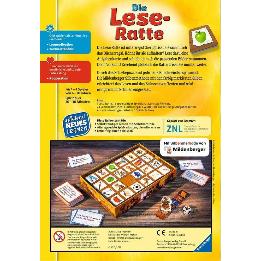 Brettspiel "Die Lese-Ratte" von Ravensburger mit Spielplan, Karten und Rattenfigur.