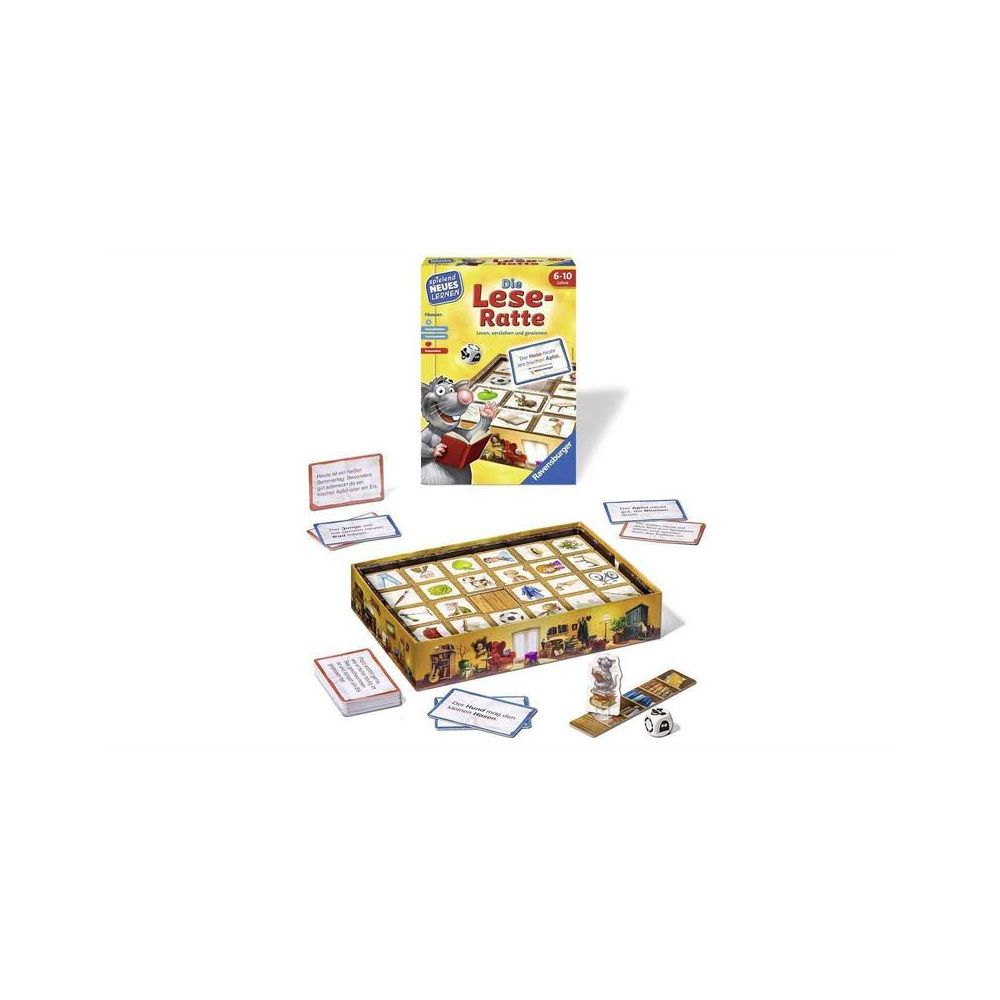 Brettspiel mit Karten, Spielbrett und Würfel. Ein Mäuserich liest ein Buch.
