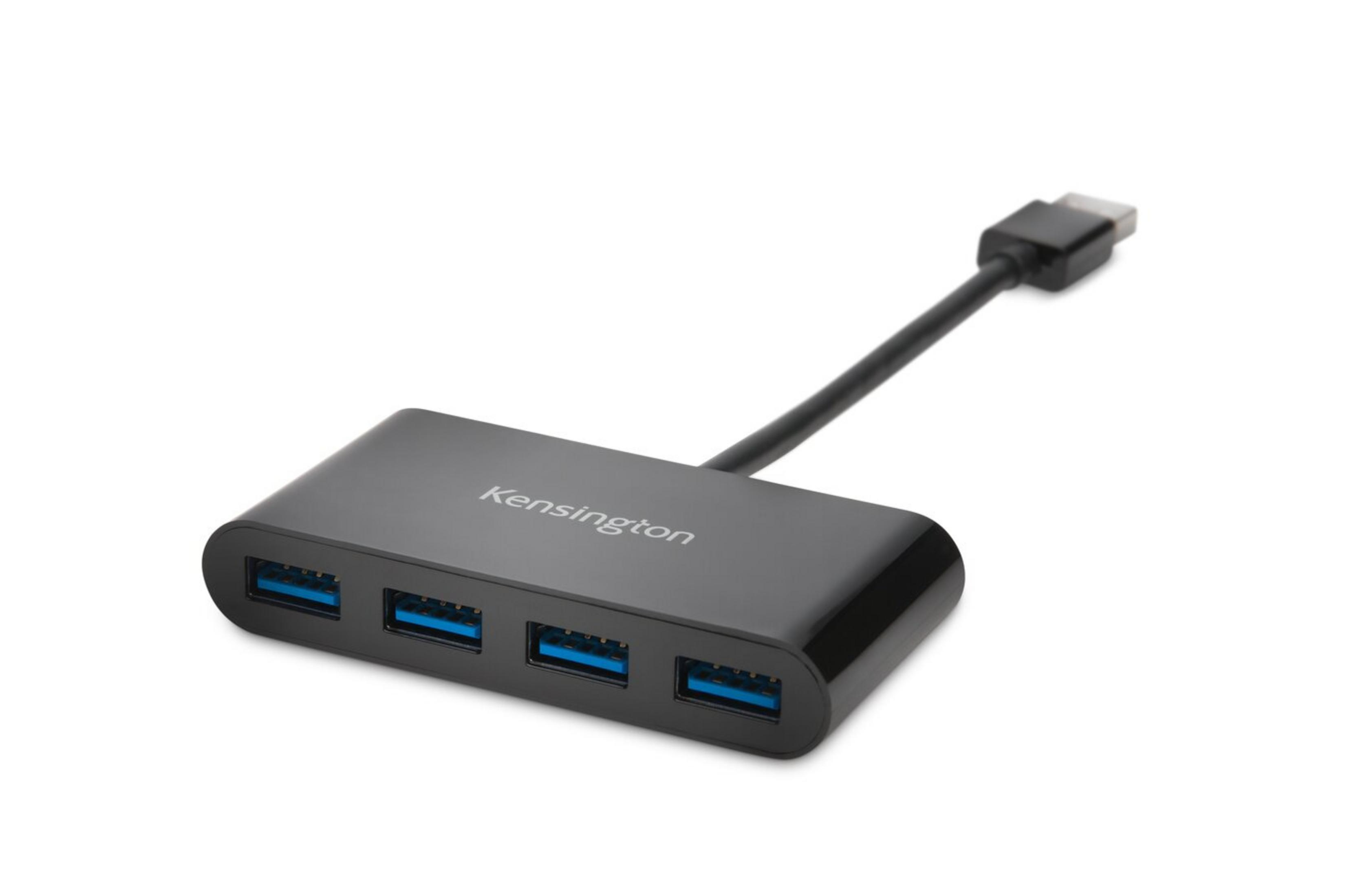 Hub USB Kensington nero con quattro porte USB blu e un cavo.