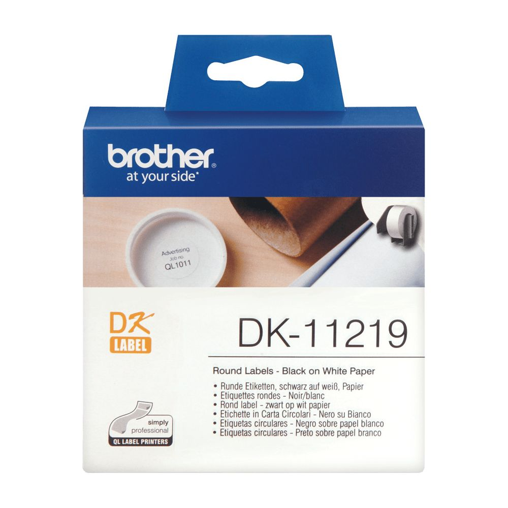 Brother DK-11219 etichette rotonde su carta bianca.