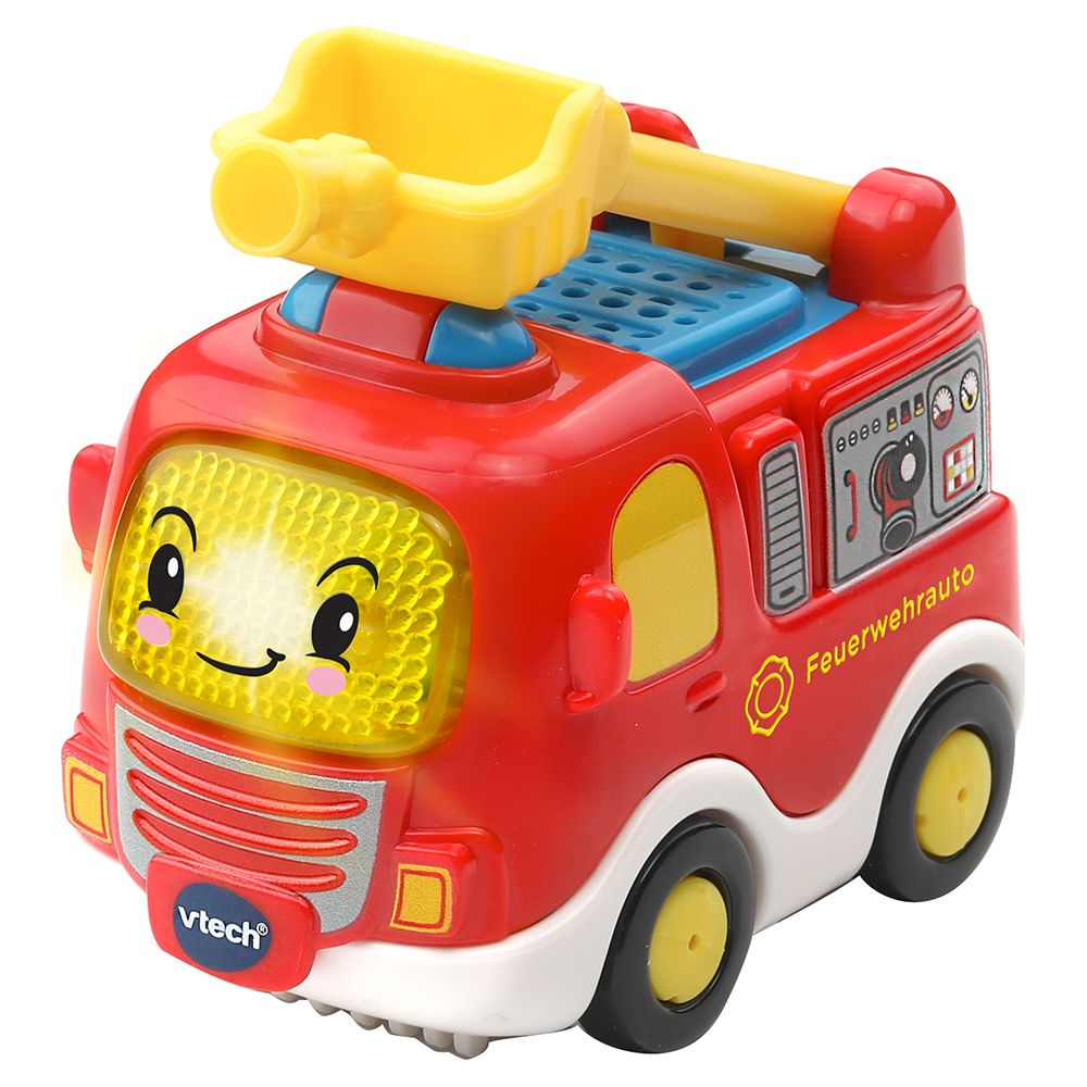 Ein rotes Spielzeug-Feuerwehrauto mit gelber Leiter und lustigem Gesicht.