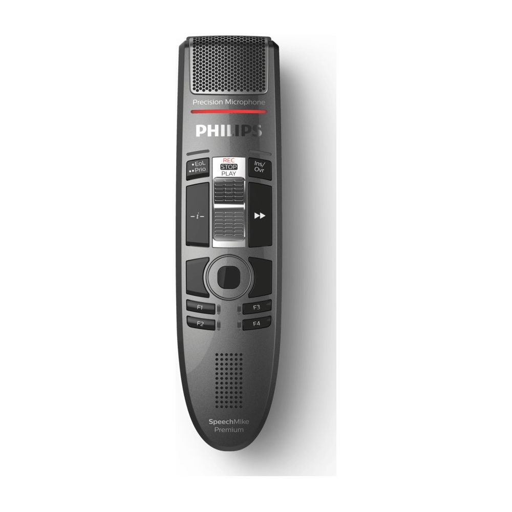 Un appareil d' ένα dictée Philips SpeechMike Premium gris avec plusieurs boutons et un haut-parleur.