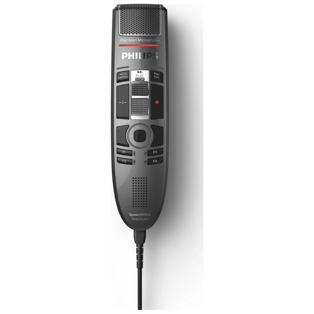 Philips SpeechMike Premium gris avec boutons et microphone.