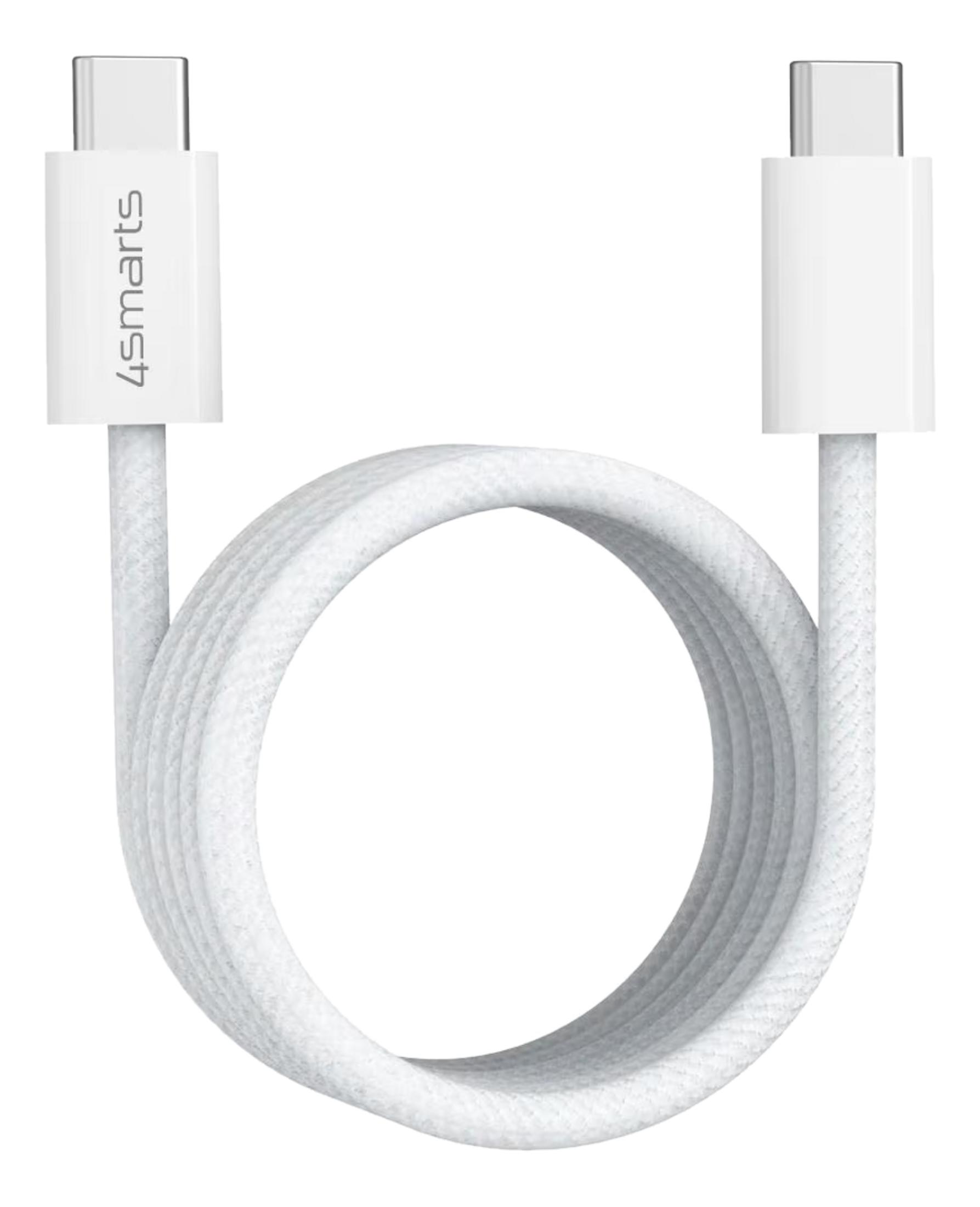 Ein weißes USB-C-Kabel mit geflochtenem Stoffmantel und beiden Enden sichtbar.