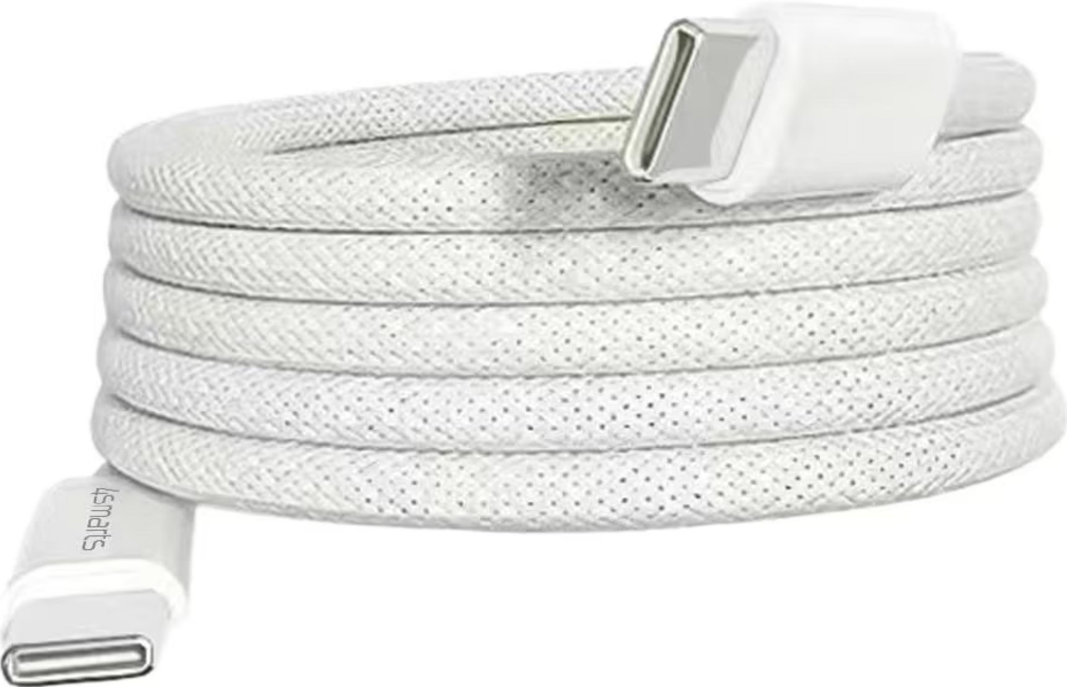Ein weißes USB-C-Kabel mit Stoffummantelung, aufgerollt.