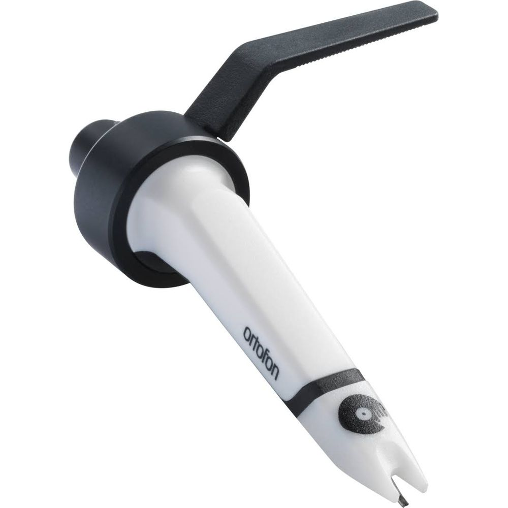Une cartouche Ortofon blanche avec levier noir et pointe.