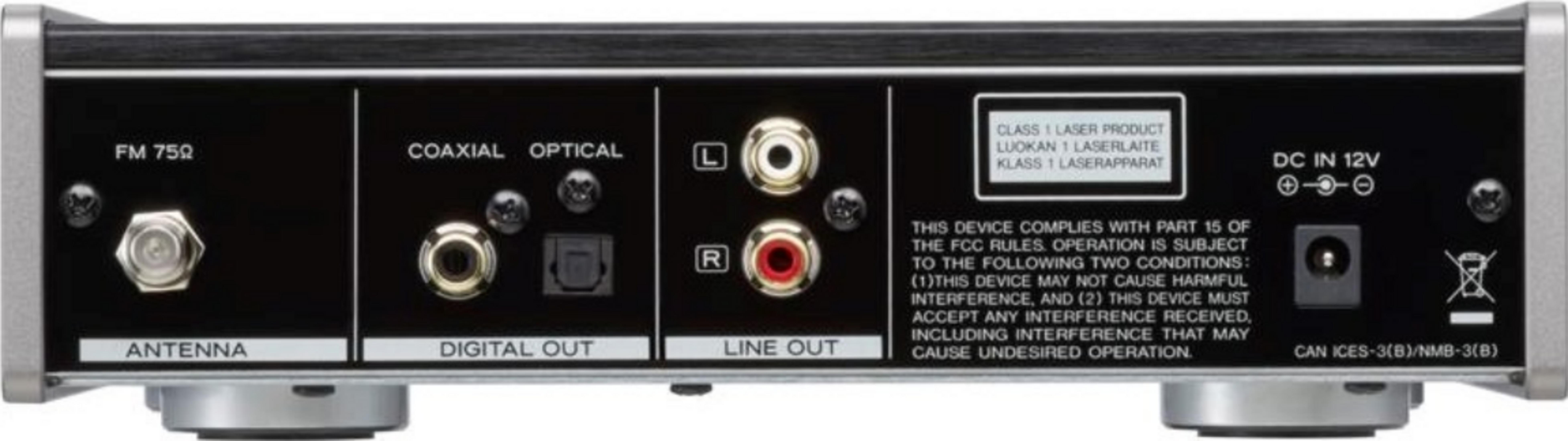Arrière d'un appareil audio avec connexions : Antenne, Sortie Numérique, Sortie Ligne, Entrée DC 12V.