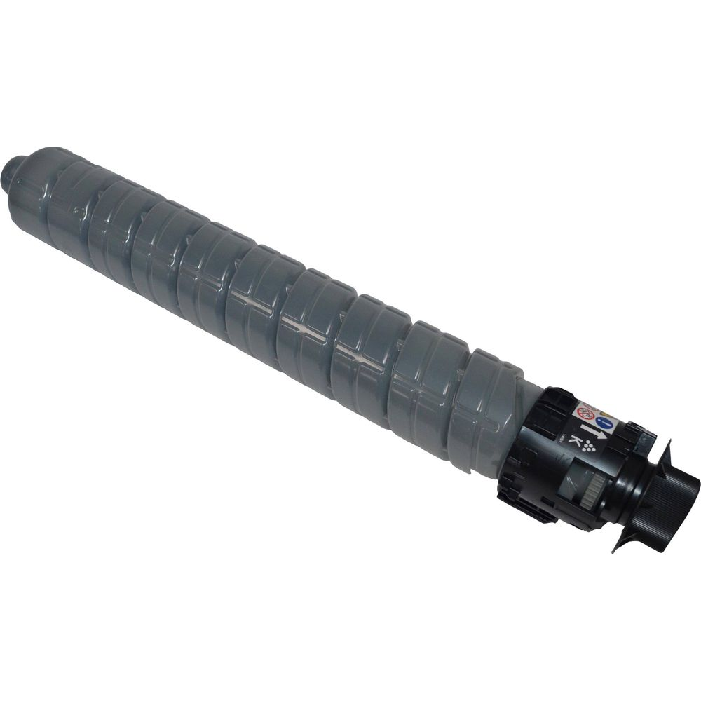 Szary cylinder tonera z czarną końcówką i etykietami.