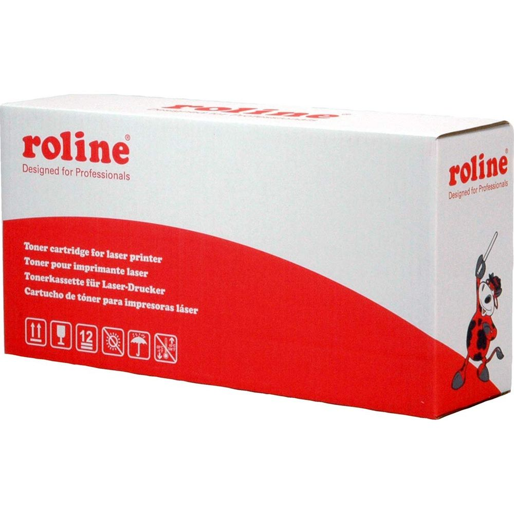Cartuccia toner Roline per stampante laser, confezione bianco-rossa con icone.