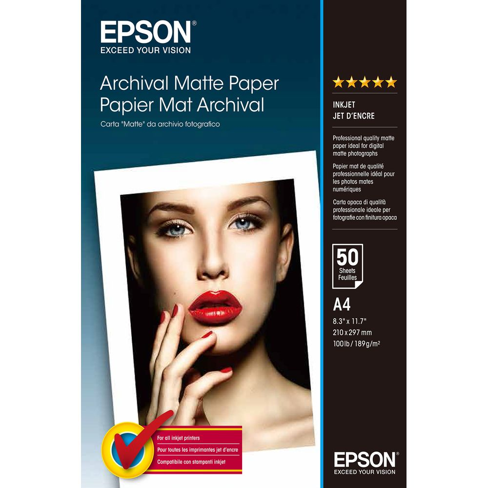 Papier matowy Epson Archival A4 z portretem kobiety z czerwonymi ustami.