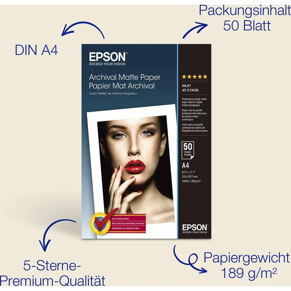 Papier matowy Epson Archival A4, 50 arkuszy, do drukarek atramentowych.