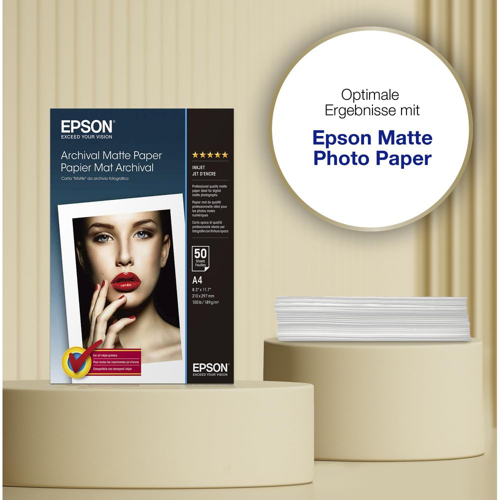 Epson Archival Matte Papier Fotograficzny, 50 arkuszy, A4, z wizerunkiem kobiety