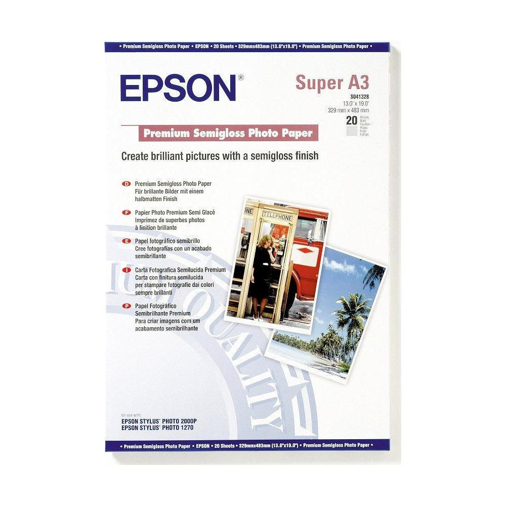 Opakowanie papieru fotograficznego Epson Super A3 półpołysk z obrazkami.