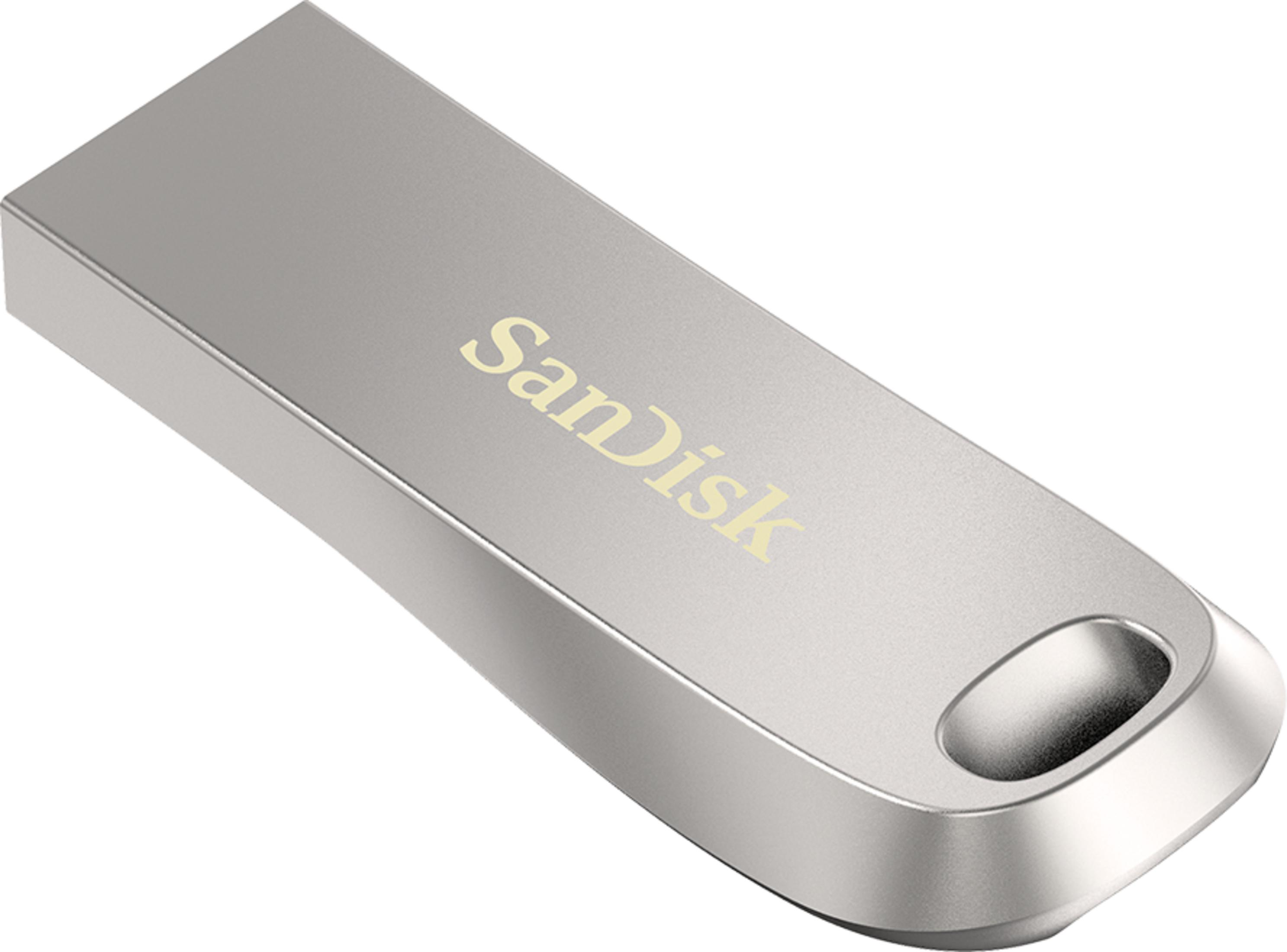 Srebrny pendrive SanDisk z owalnym otworem na końcu.