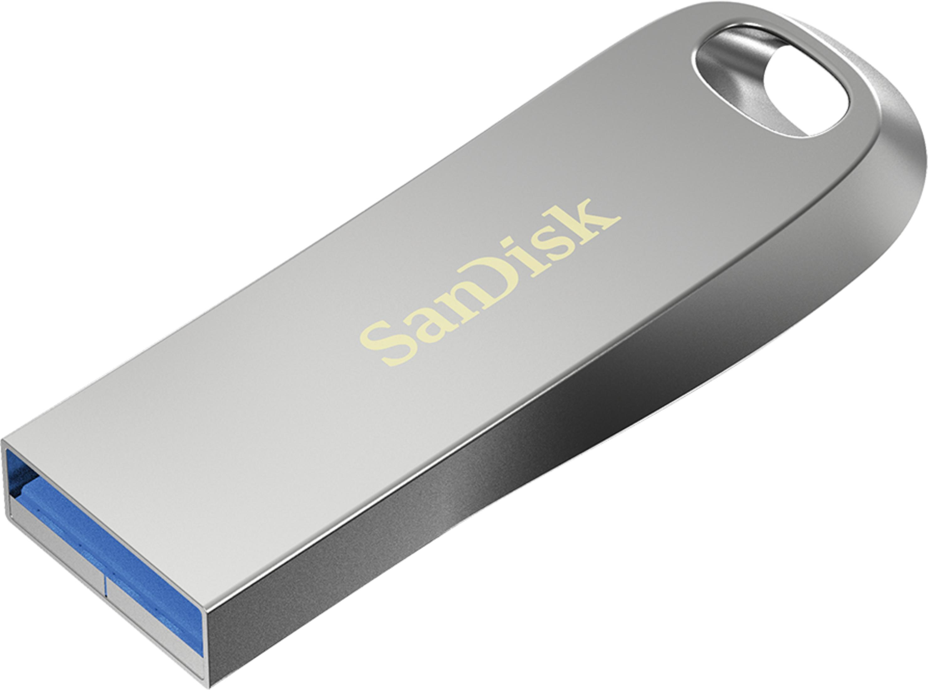 Srebrny pendrive z niebieskim złączem i logo SanDisk.