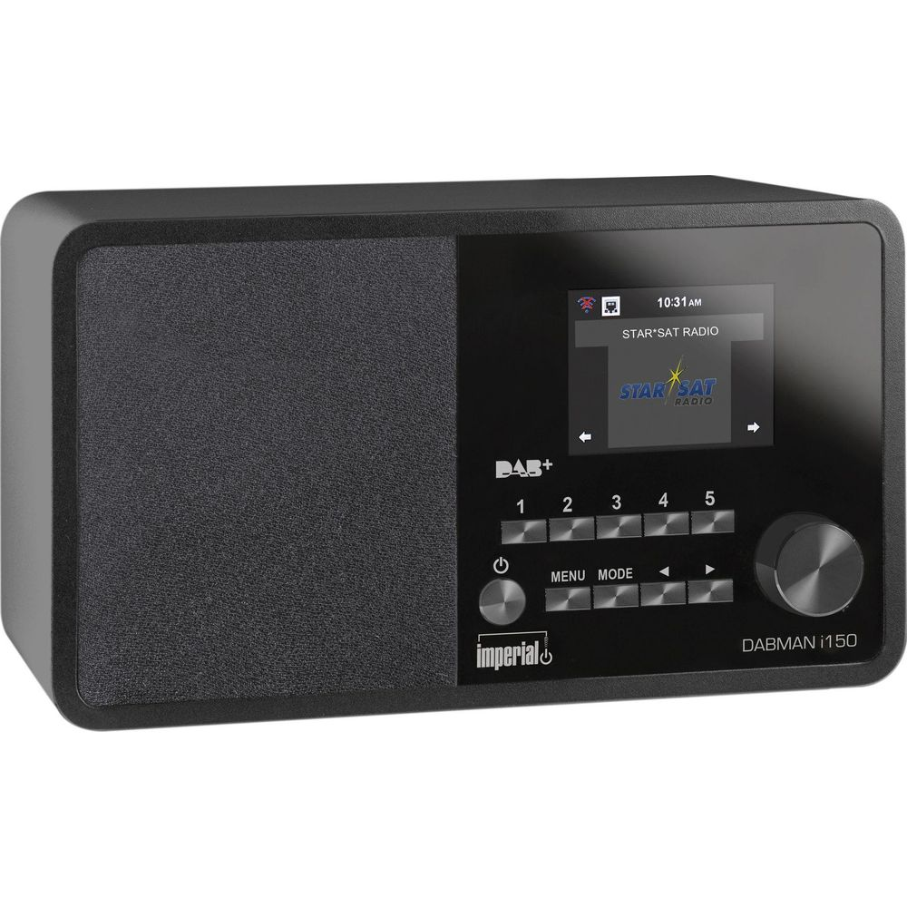 Czarny radioodbiornik DAB+ z ekranem, przyciskami i pokrętłem.