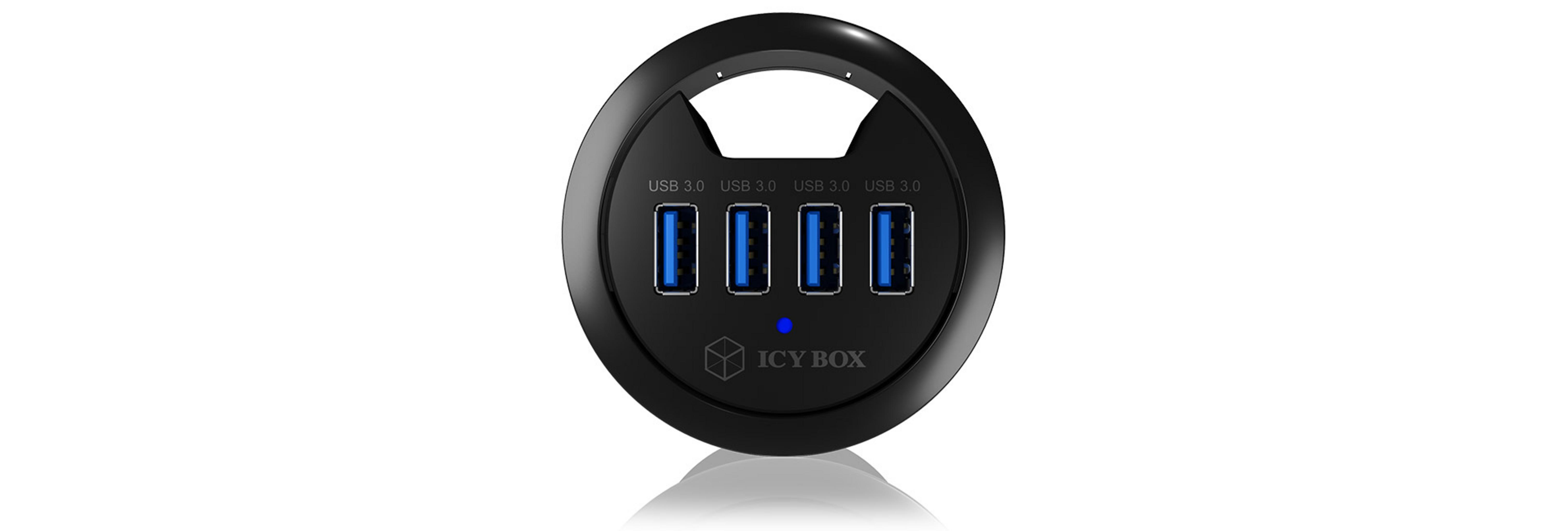Runde schwarze USB 3.0 Hub mit vier Anschlüssen und blauem Licht.