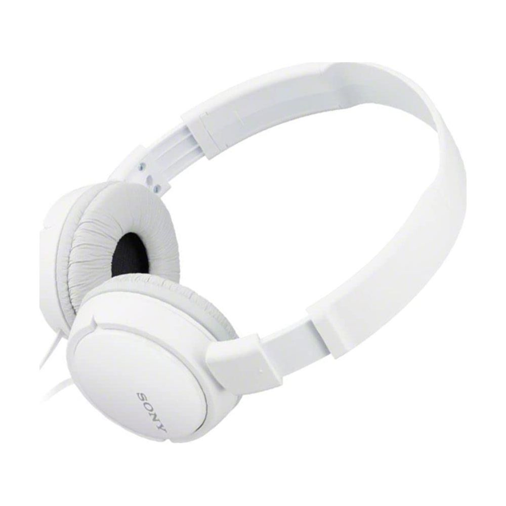 Ein weißer Sony Over-Ear-Kopfhörer mit gepolstertem Bügel und Ohrmuscheln, von der Seite gezeigt.