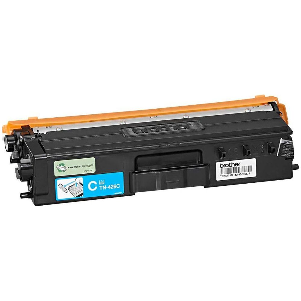Une cartouche de toner Brother TN-426C noire avec un dessus orange.