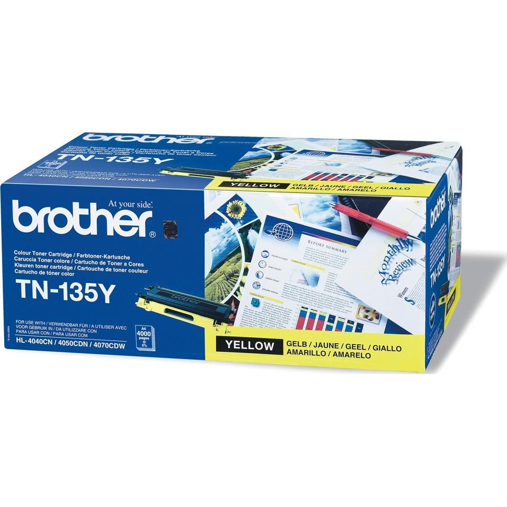 Pudełko żółtego tonera Brother TN-135Y. Zawiera informacje o drukarce i obraz.