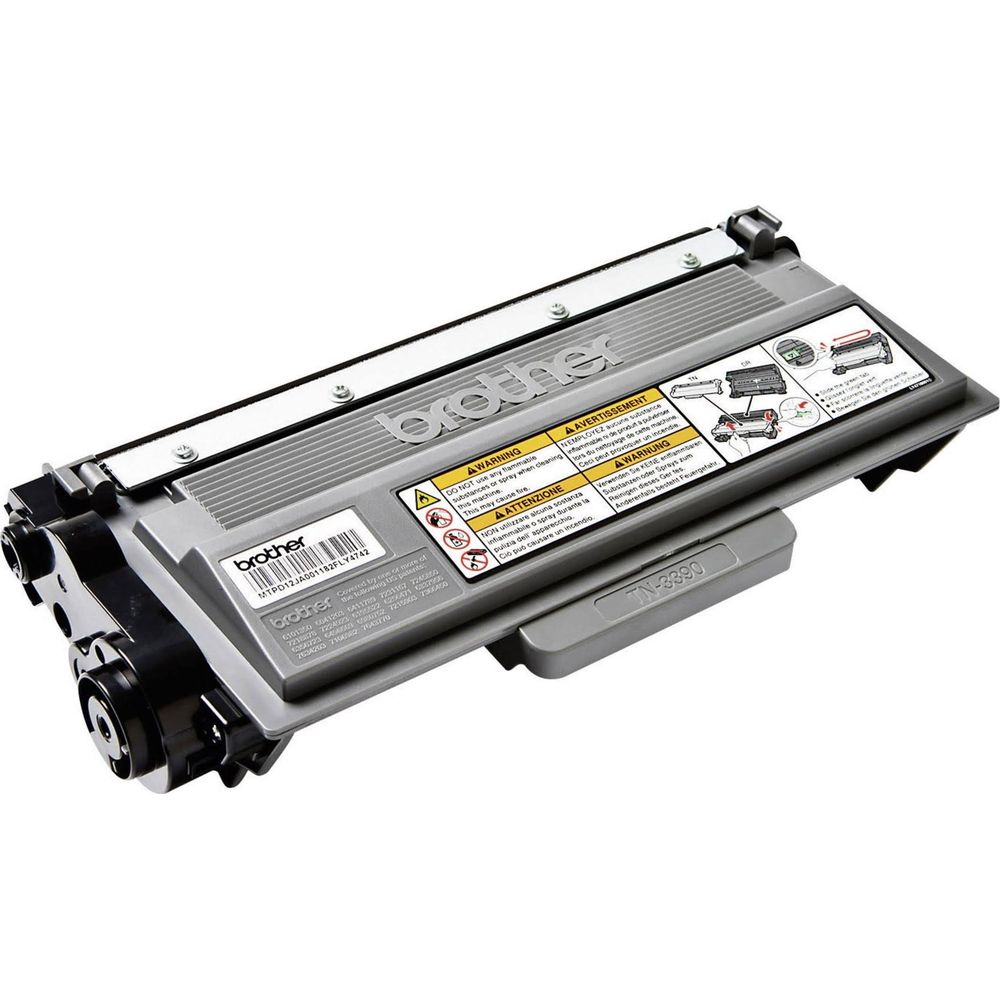 Szara kaseta z tonerem Brother TN-3390 z etykietami ostrzegawczymi i instrukcjami.