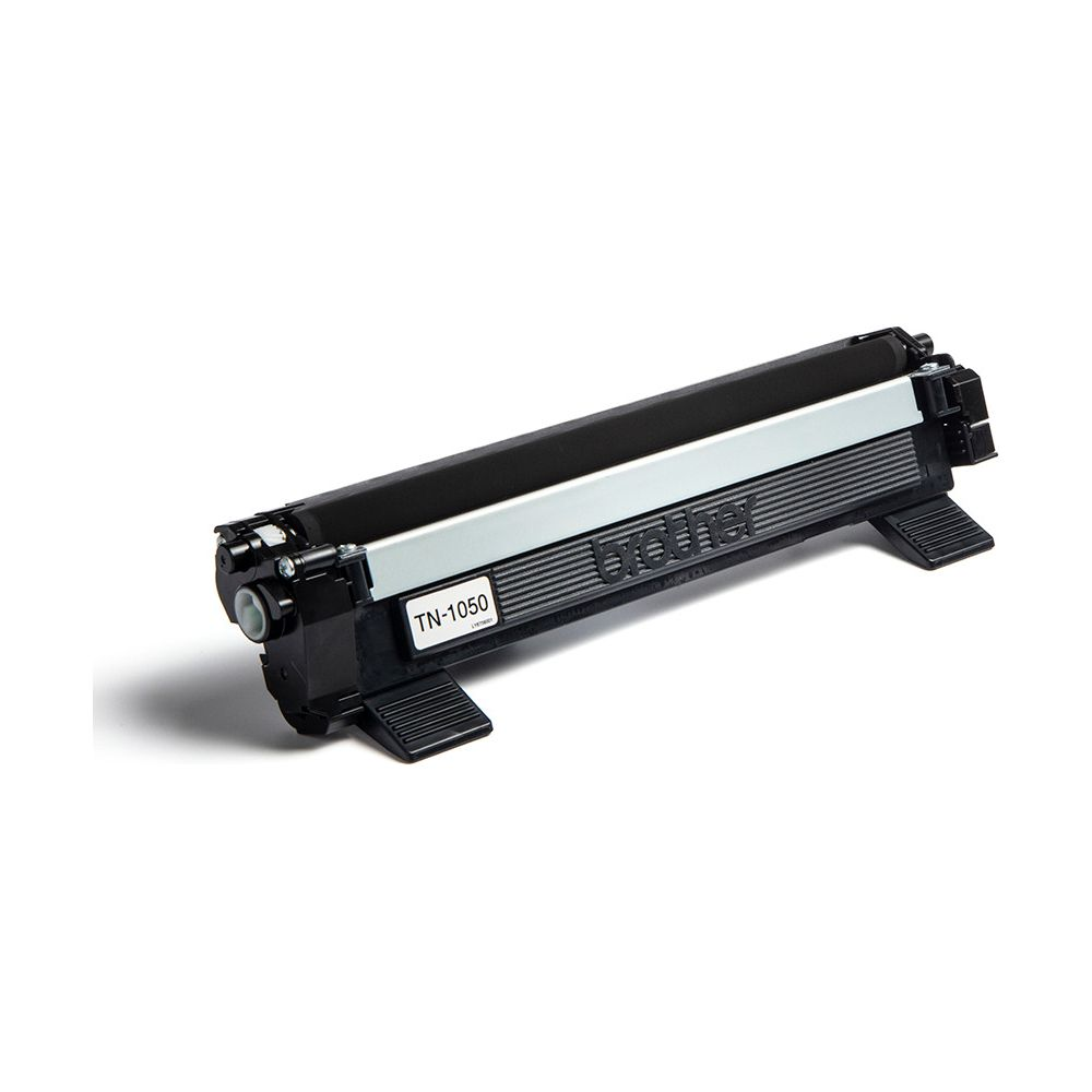 Czarny toner Brother TN-1050 z srebrnym paskiem.