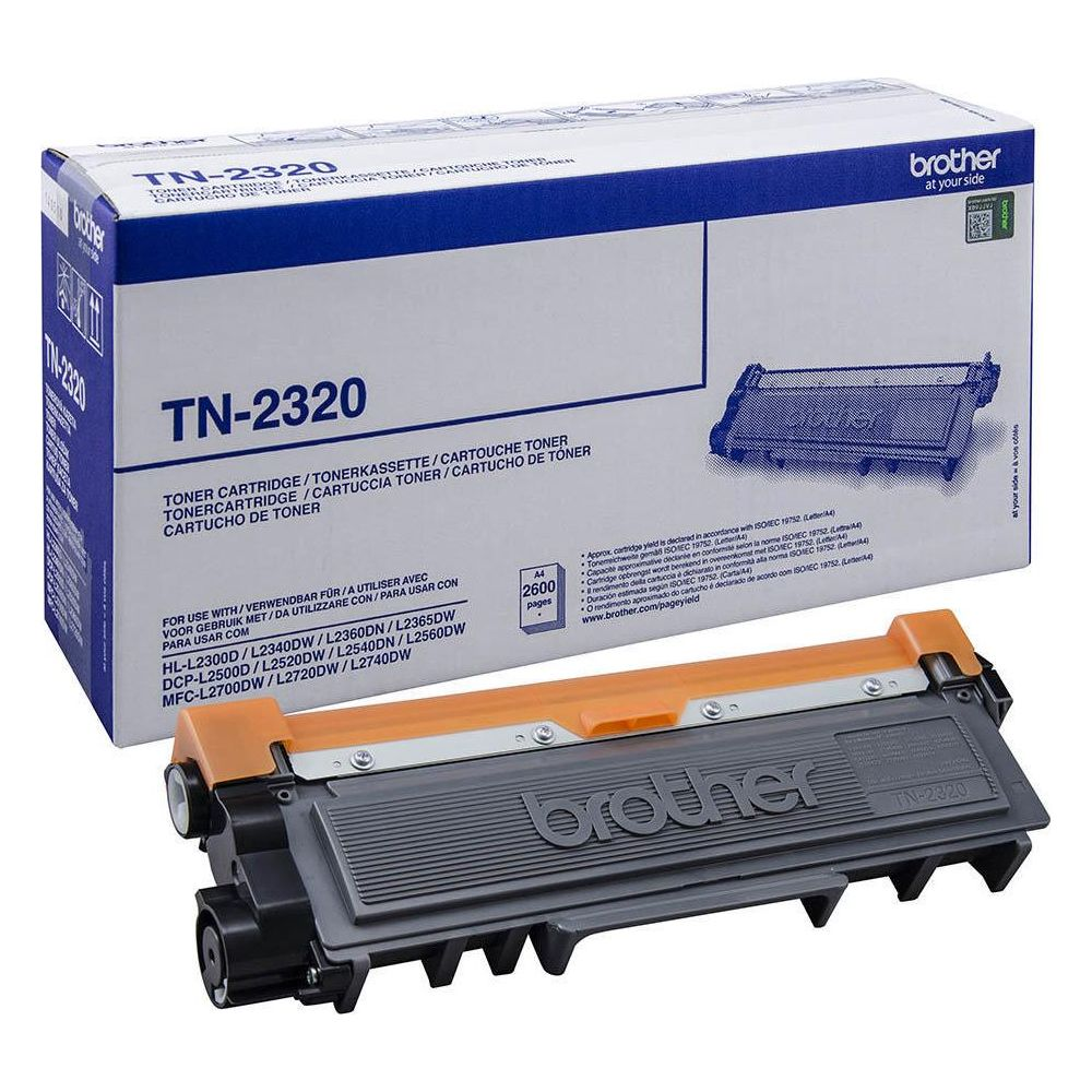 Toner Brother TN-2320 i opakowanie. Szary i pomarańczowy.