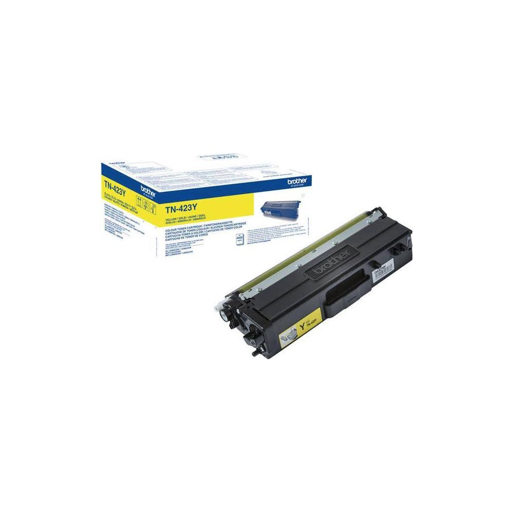 Una cartuccia toner gialla Brother TN-423Y e la sua scatola su sfondo bianco.