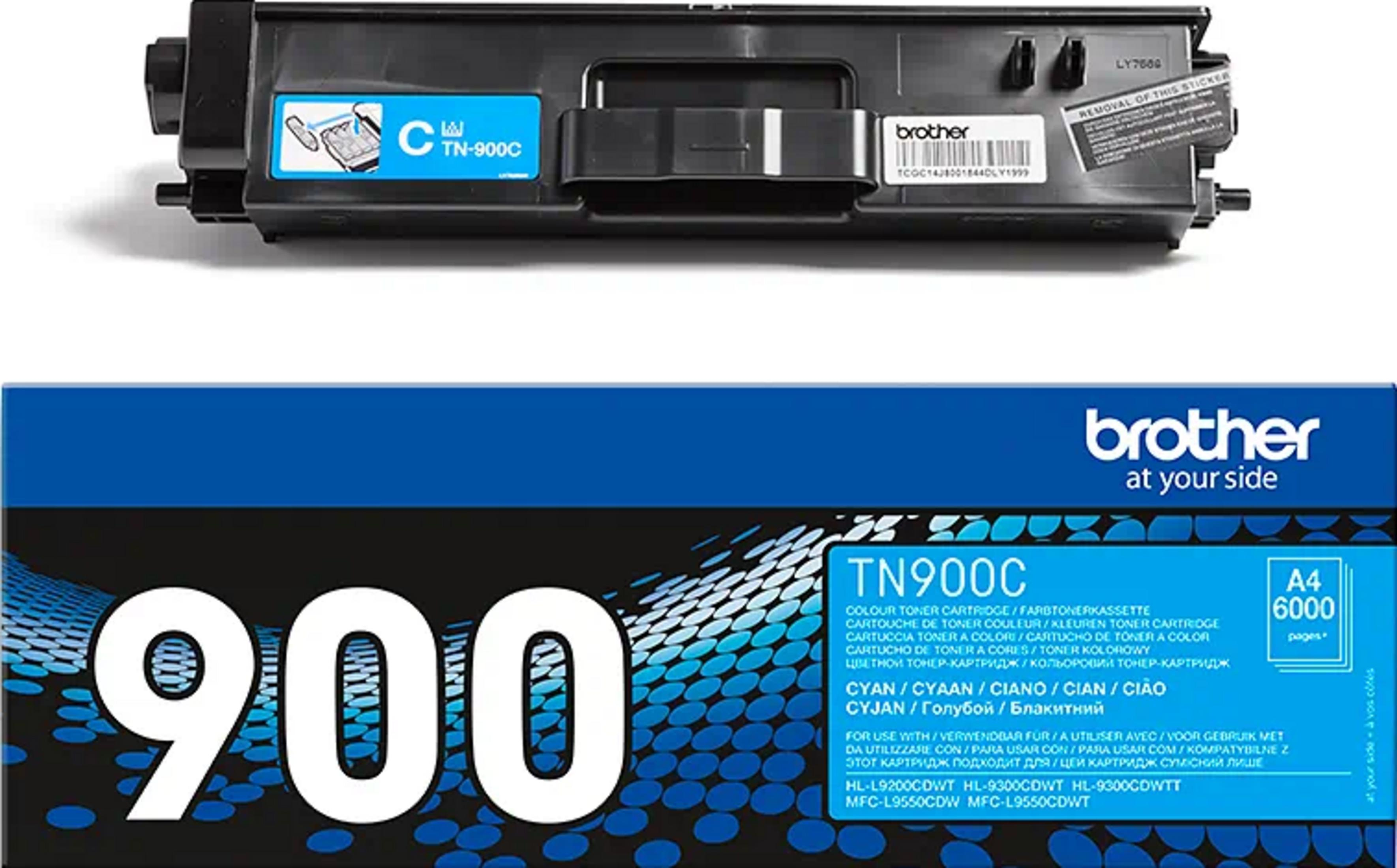 Niebieski toner Brother TN-900C i jego opakowanie.