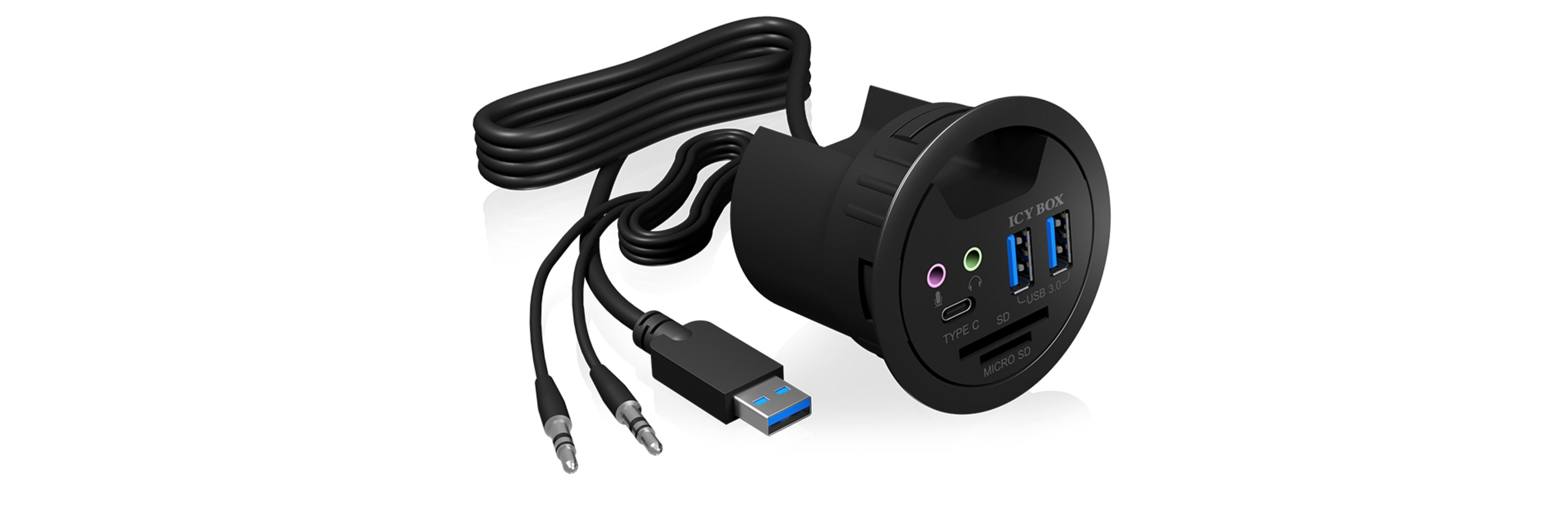Pannello PC nero con porte USB, SD, audio e Type-C e cavi.