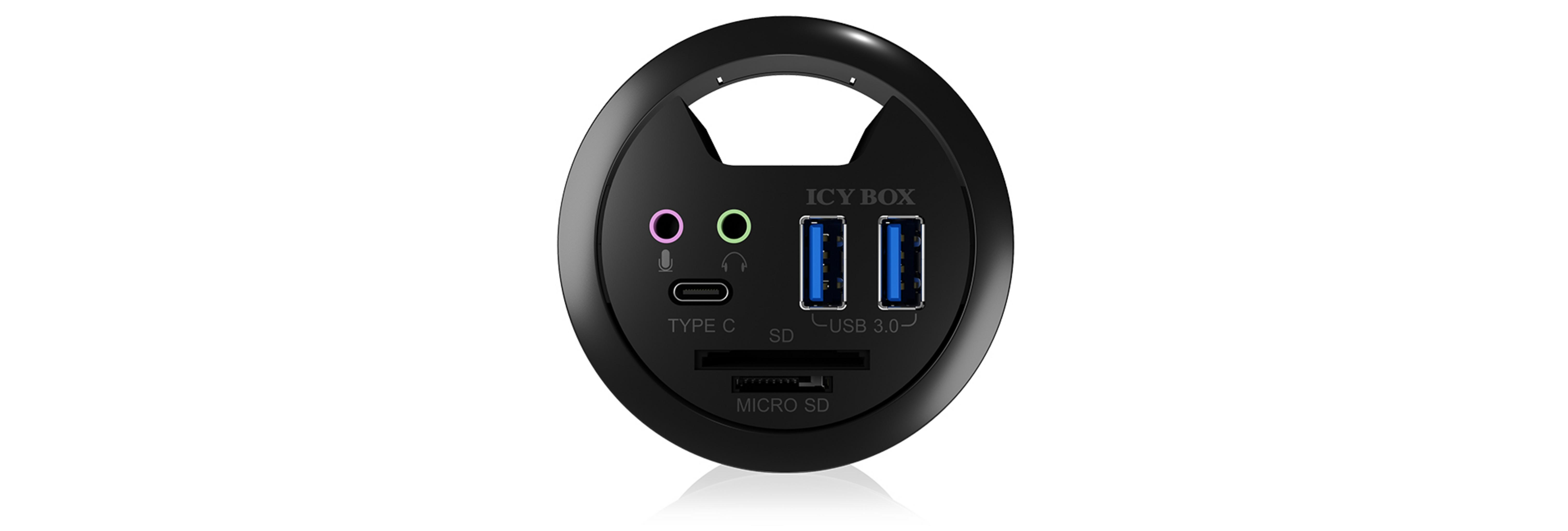 Hub nero Icy Box con porte USB-C, SD, Micro-SD, microfono e cuffie.