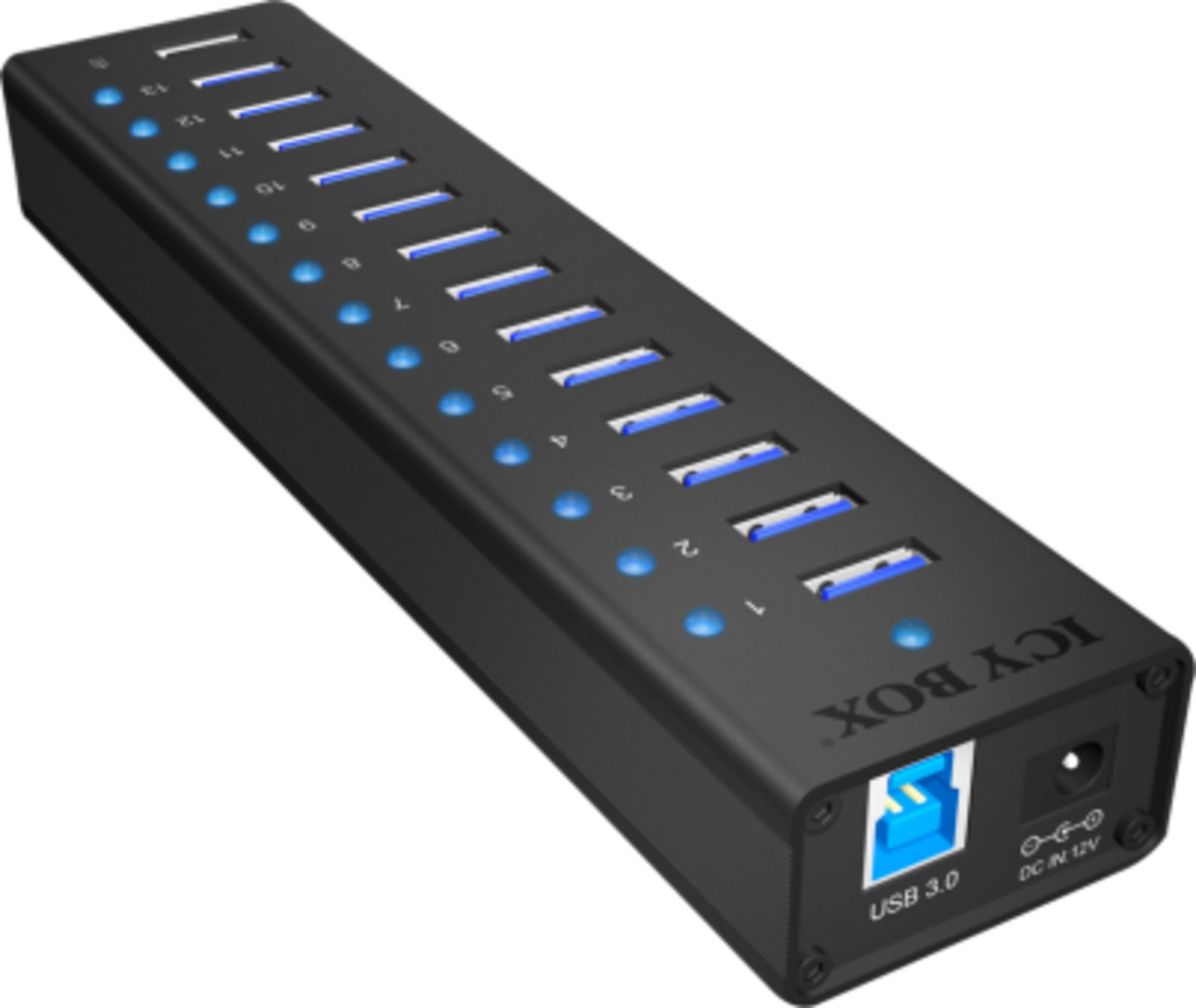 Schwarzer ICY BOX USB 3.0 Hub mit 13 Ports, blauen LEDs und DC-Stromeingang.