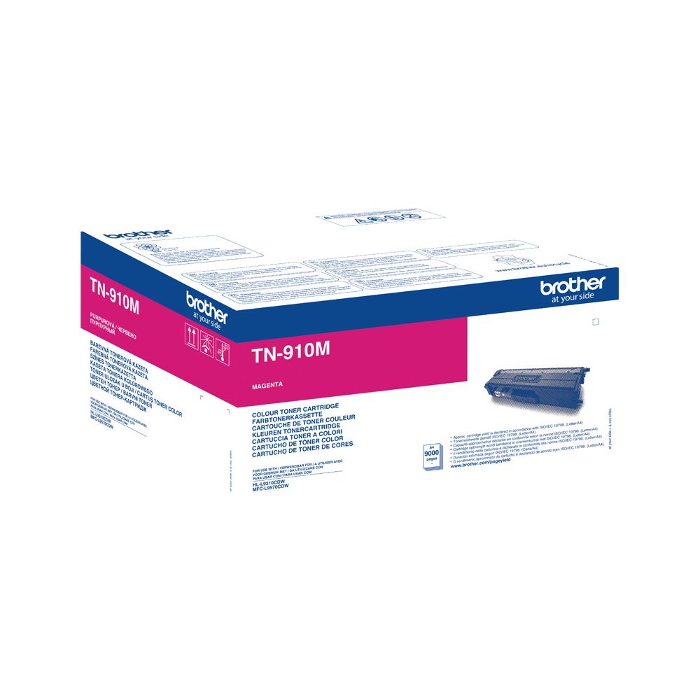 Cartouche de toner Brother TN-910M magenta sur fond blanc.