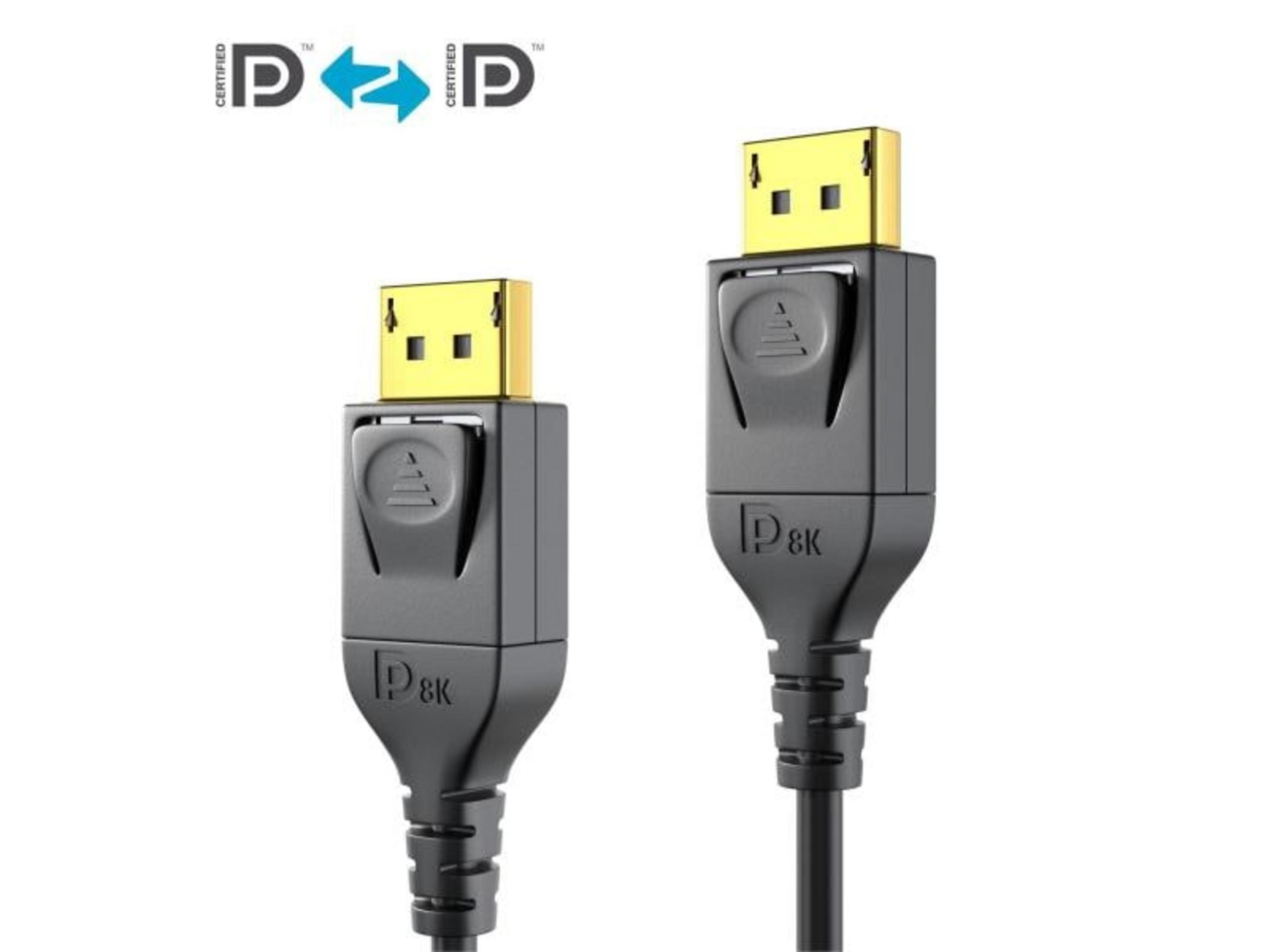 Twee DisplayPort-kabels met gouden connectoren; één 8K-gecertificeerd.