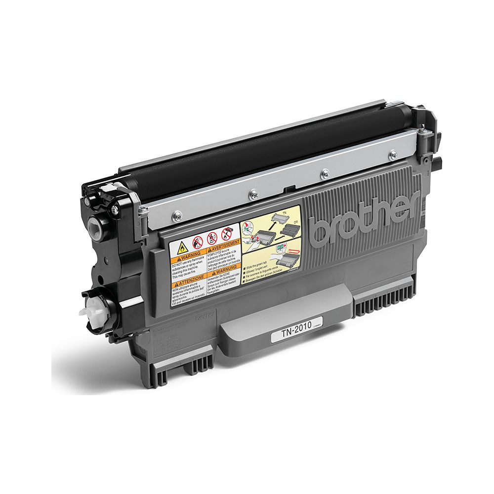 Szary toner Brother TN-2010 z etykietami ostrzegawczymi.